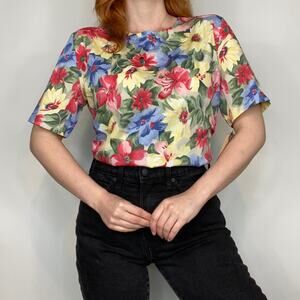 Vintage 90s Cristin Stevens Deadstock Neutral Floating Floral Print Blouse Tee